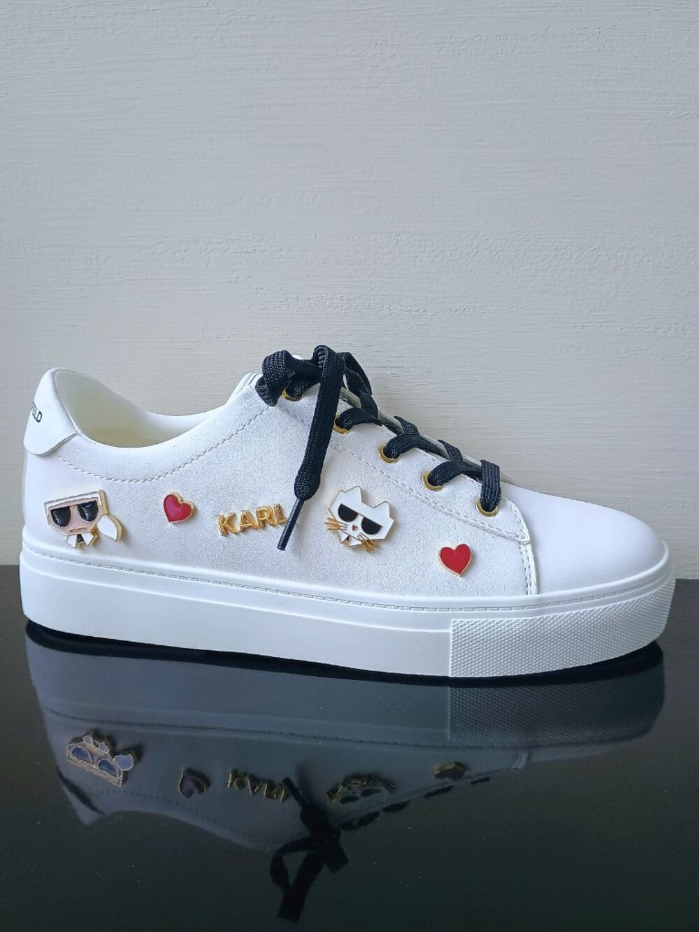 Karl Lagerfeld Women Cate Pins Lace Up Faux Leather Sneaker in Nice Bright White